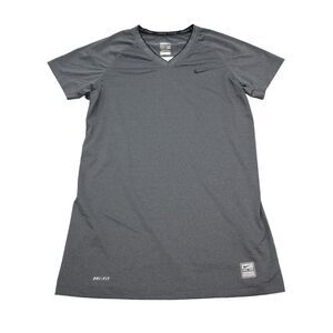 Nike Pro Shirt Womens M Gray Plain Dri Fit V Neck Short Sleeve Pullover Tee